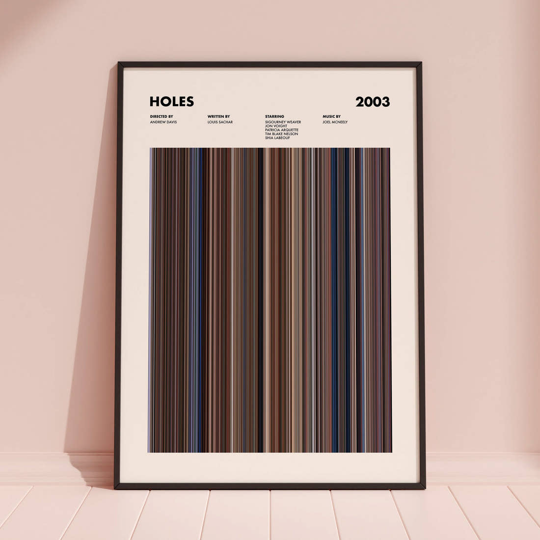 Holes Movie Barcode Poster framed and leaning against a coloured wall