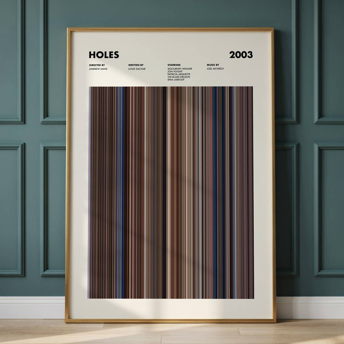 Holes Movie Barcode Poster framed and leaning against a panelled wall