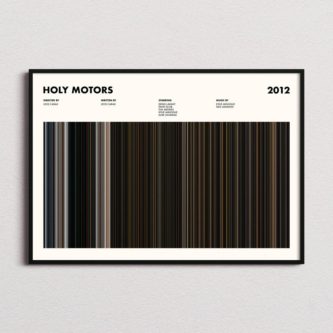 Holy Motors Movie Barcode Poster framed and photographed straight on