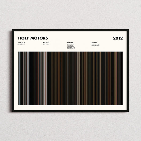 Holy Motors Movie Barcode Poster framed and photographed straight on