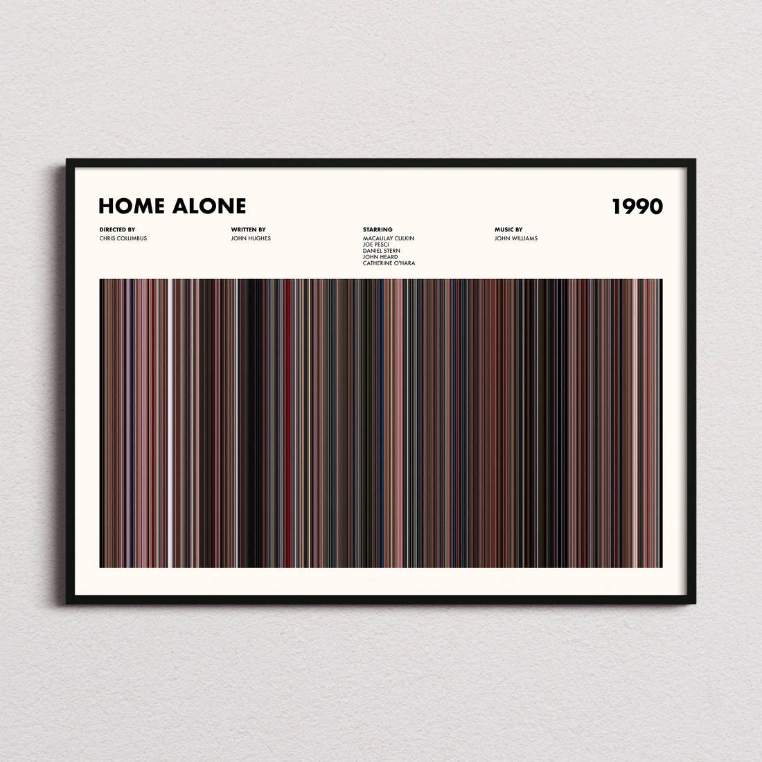 Home Alone Movie Barcode Poster framed and photographed straight on
