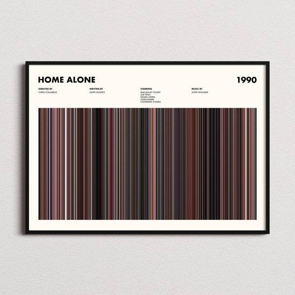 Home Alone Movie Barcode Poster framed and photographed straight on