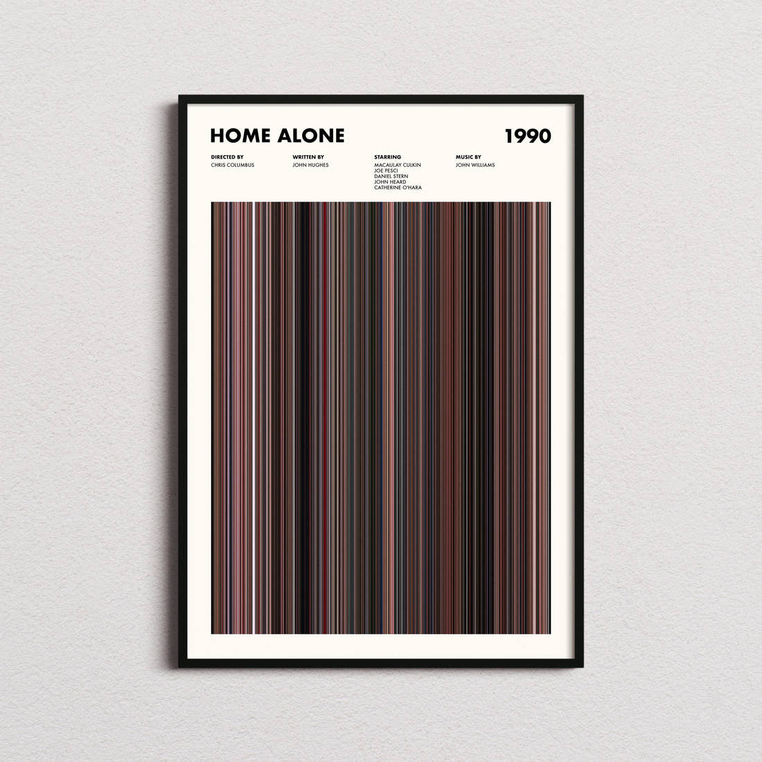 Home Alone Movie Barcode Poster framed on a plain studio wall