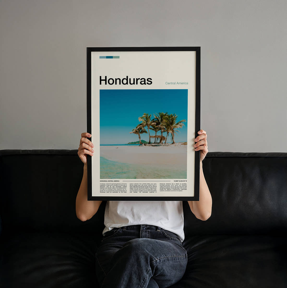 Honduras Palm Trees On The Beach Travel Print held up by hand to show the size of the print