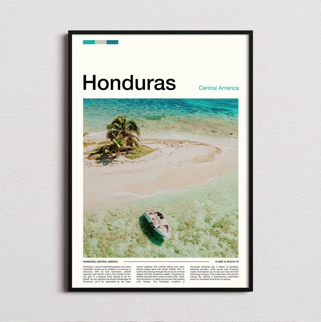 Honduras Sandbank With Palm Tree Travel Print framed and photographed straight on