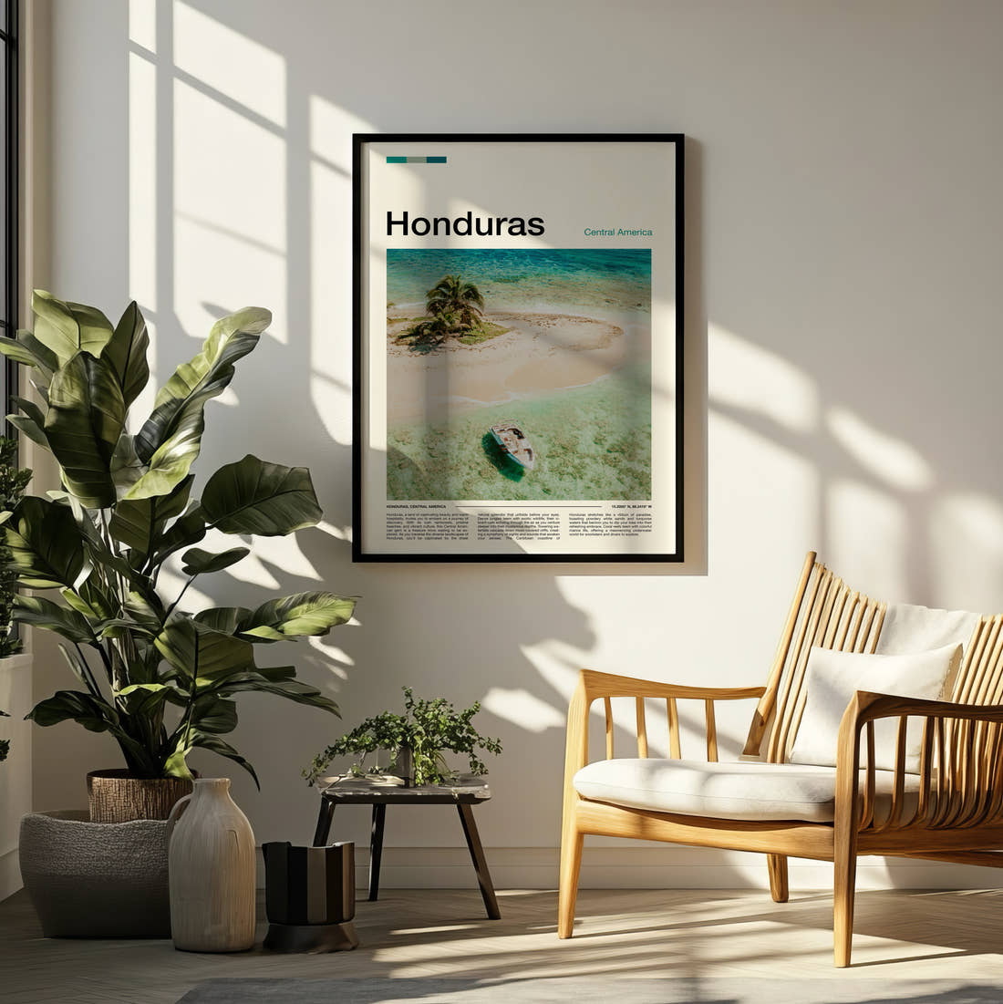 Honduras Sandbank With Palm Tree Travel Print framed on a pale wall beside houseplants