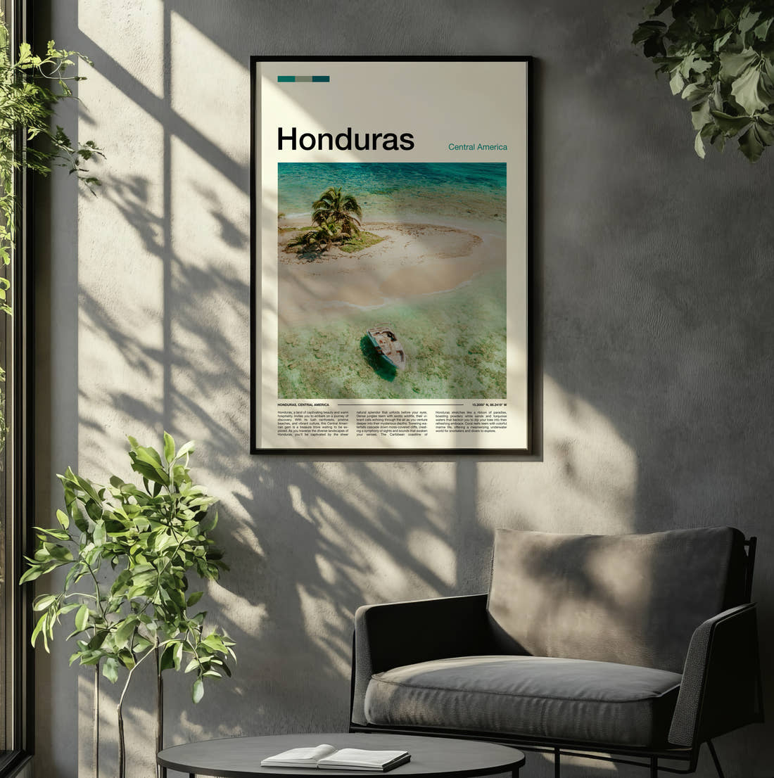 Honduras Sandbank With Palm Tree Travel Print framed on the wall of a relaxed living room