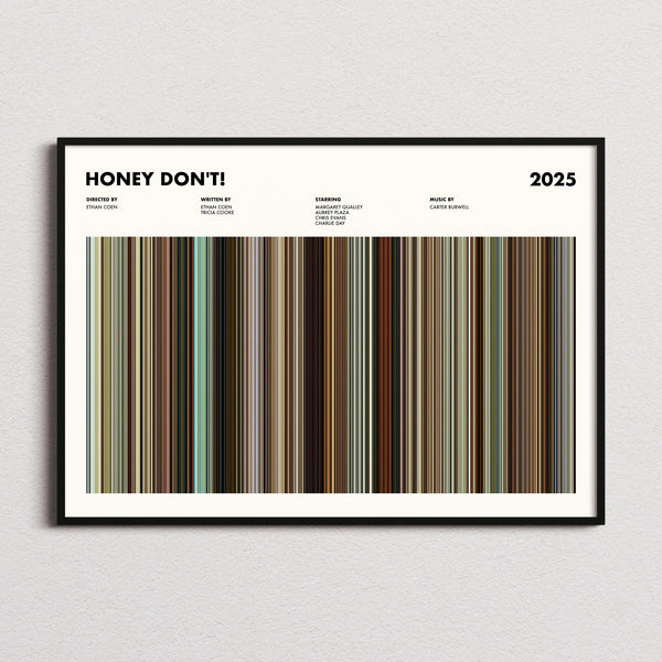 Honey Don't! Movie Barcode Poster framed and photographed straight on