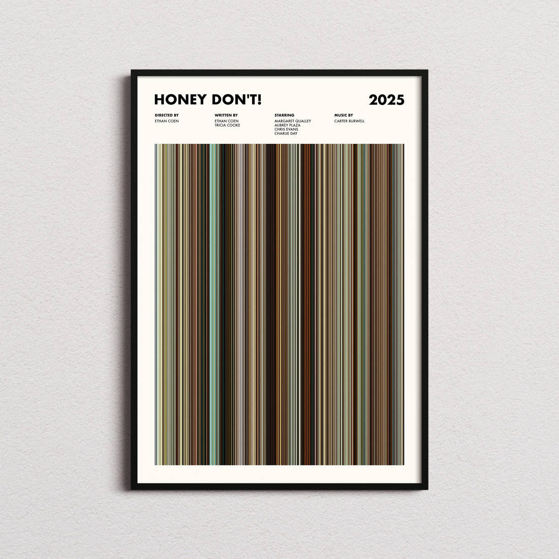 Honey Don't! Movie Barcode Poster framed on a plain studio wall