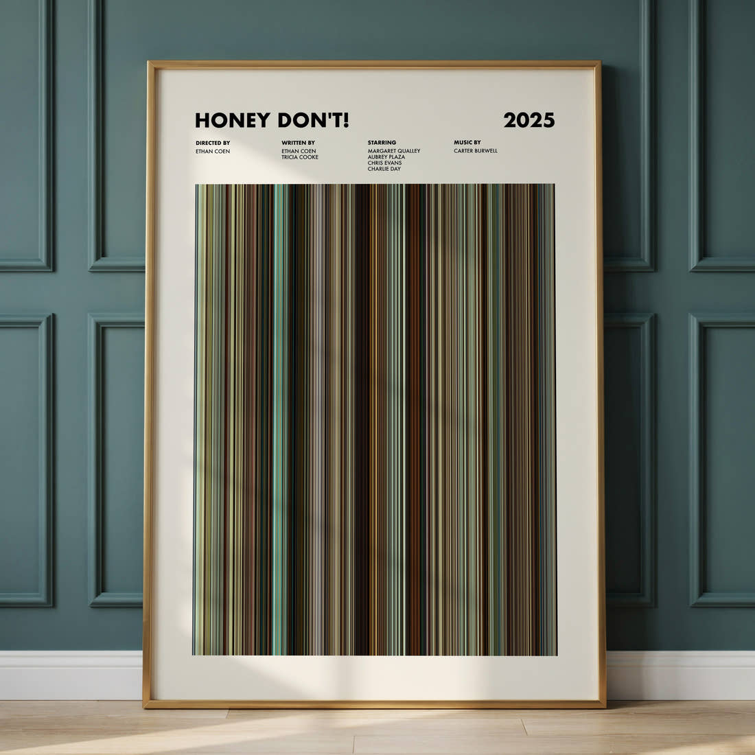 Honey Don't! Movie Barcode Poster framed and leaning against a panelled wall