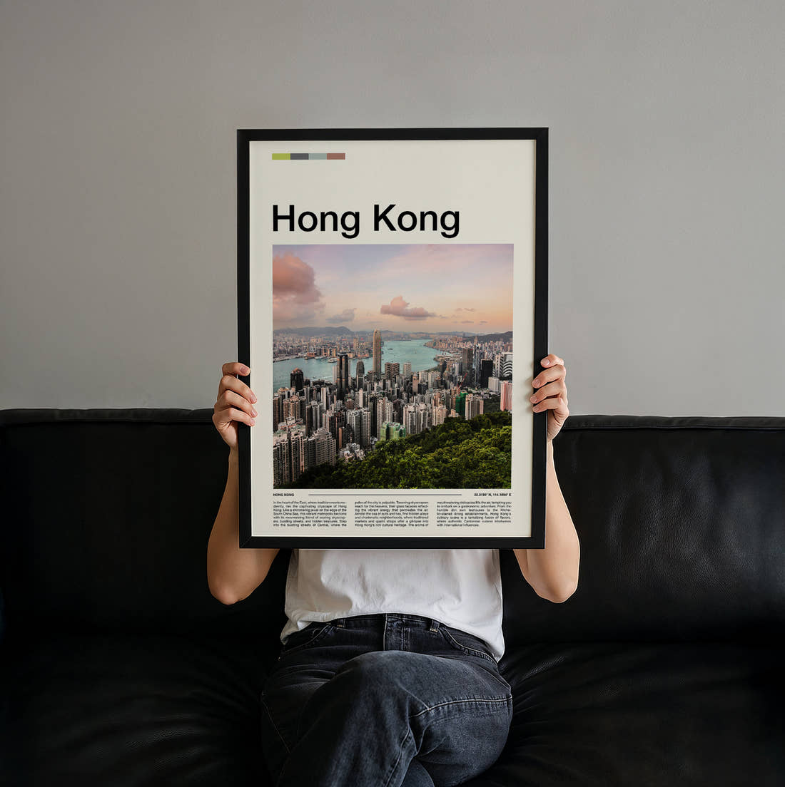 Hong Kong Victoria Harbour Travel Print held up by hand to show the size of the print