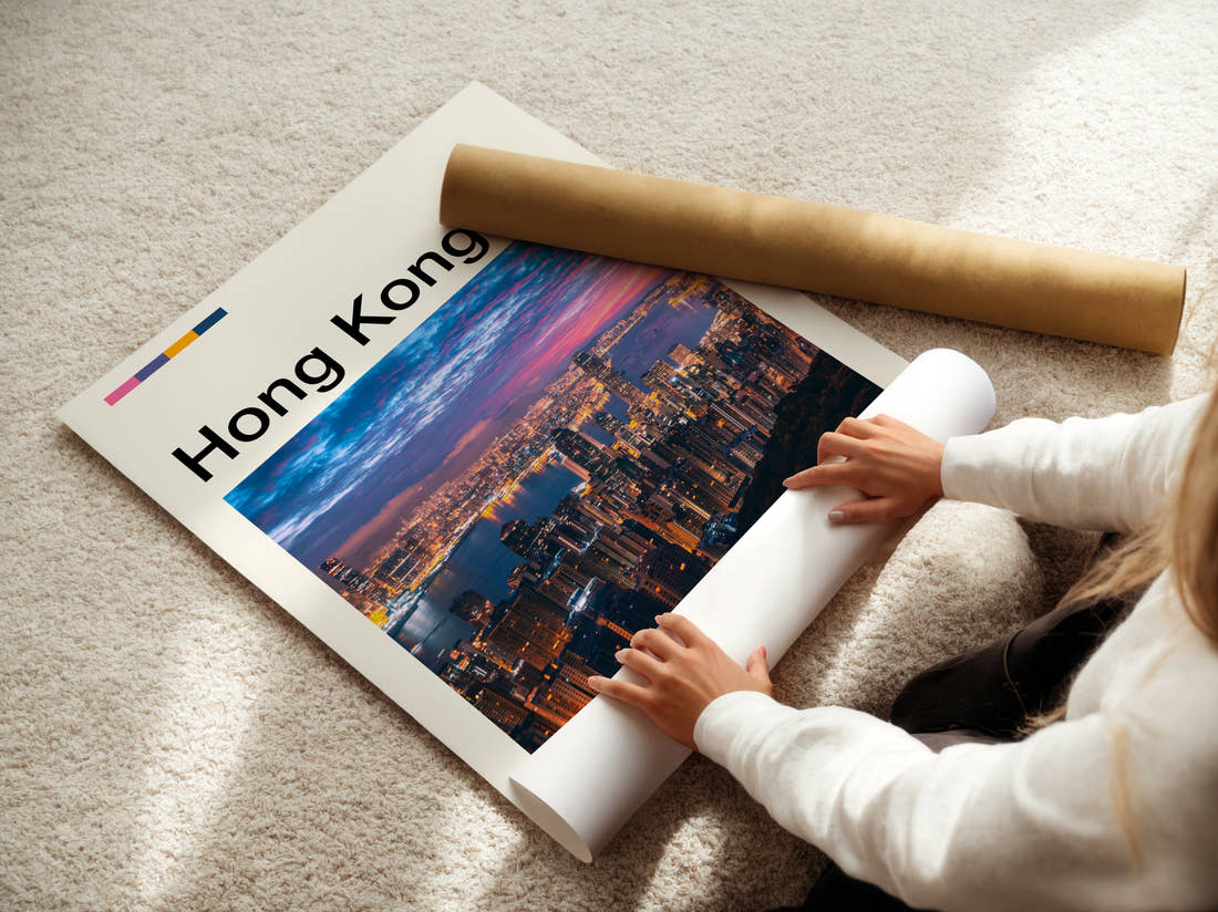Hong Kong Victoria Harbour At Night Travel Print being unrolled from its postal tube