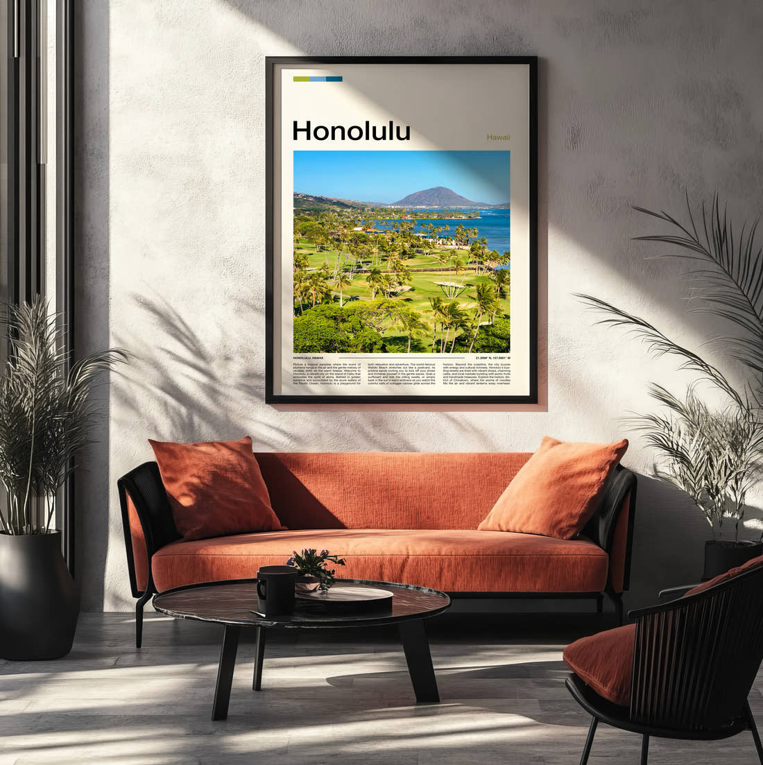 Honolulu Koko Head Crater Travel Print framed on the wall of a modern living room