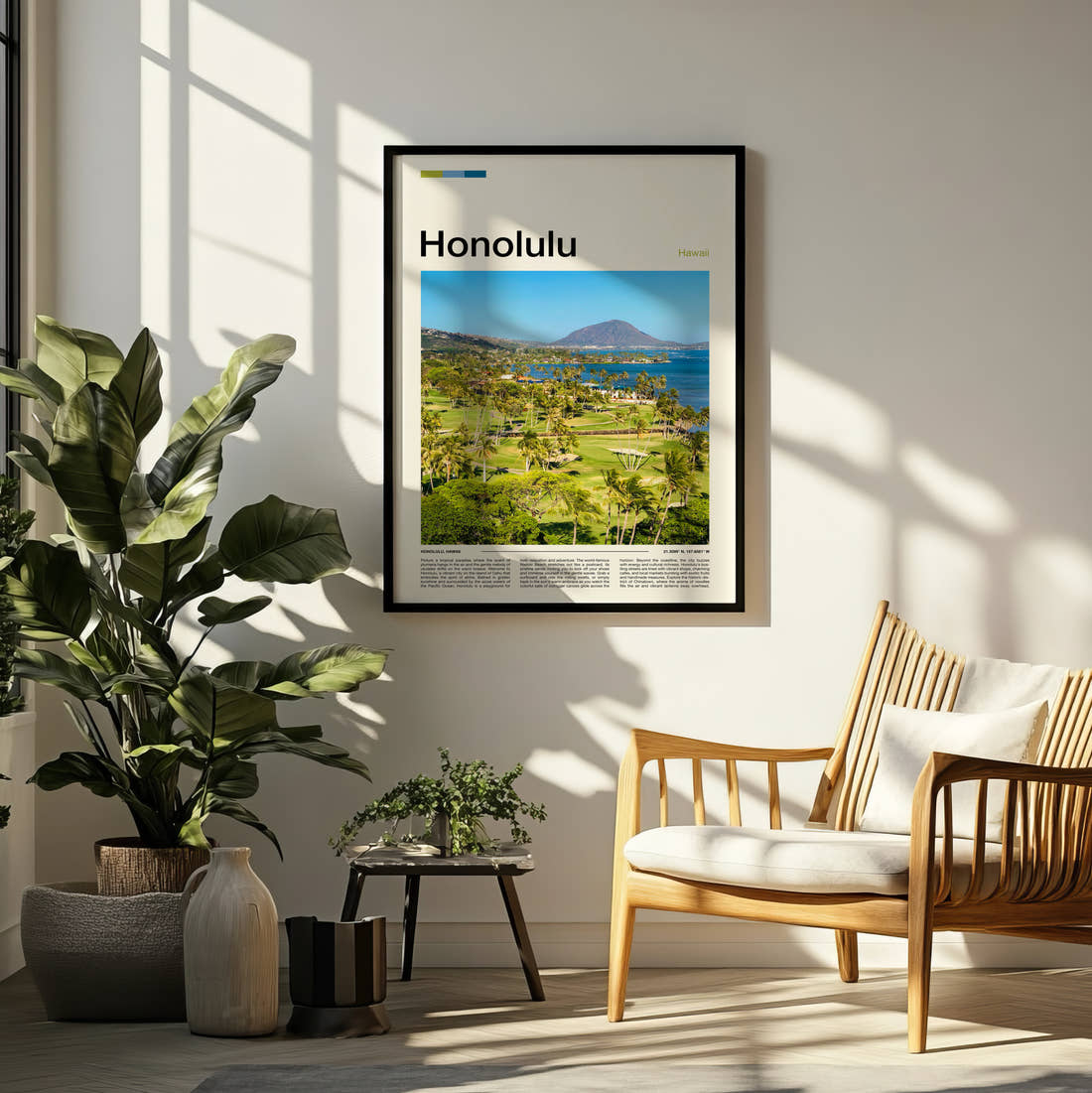 Honolulu Koko Head Crater Travel Print framed on a pale wall beside houseplants