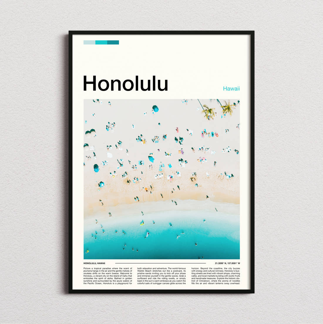 Honolulu Beach Umbrellas From Above Travel Print framed and photographed straight on