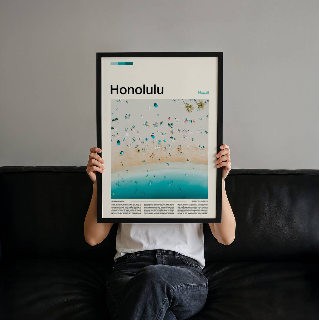 Honolulu Beach Umbrellas From Above Travel Print held up by hand to show the size of the print
