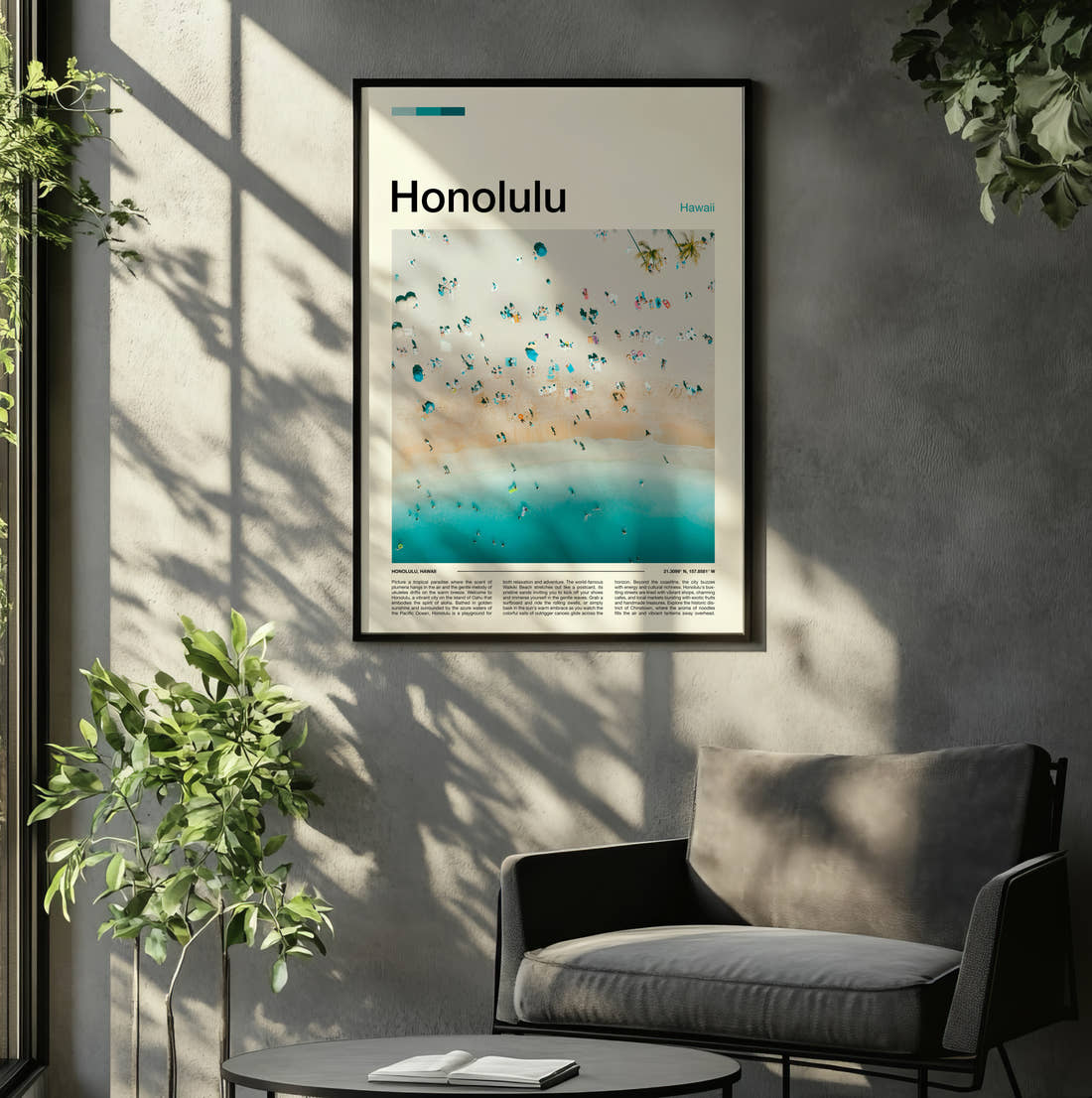 Honolulu Beach Umbrellas From Above Travel Print framed on the wall of a relaxed living room