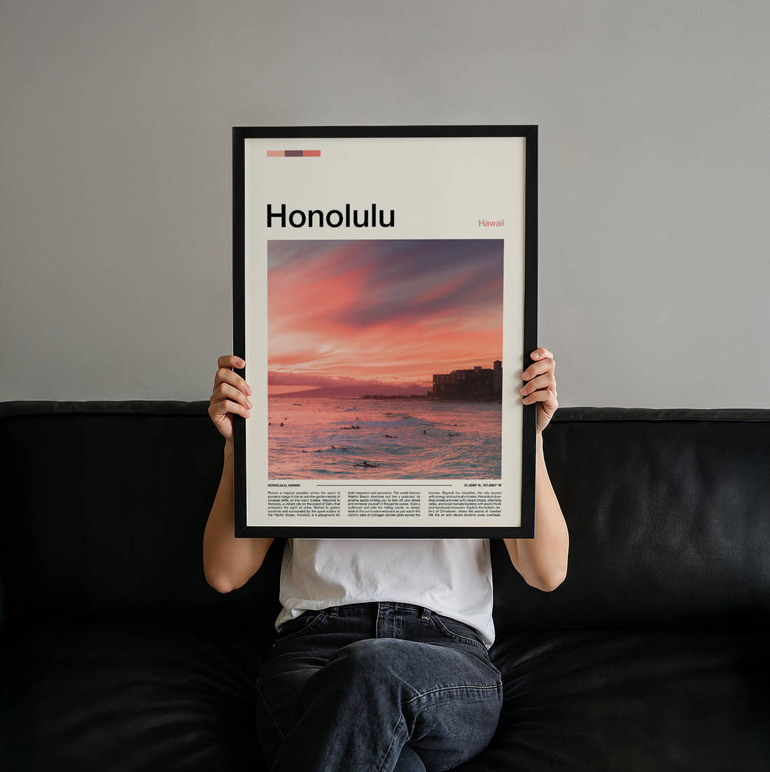Honolulu Sunset Over The Ocean Travel Print held up by hand to show the size of the print