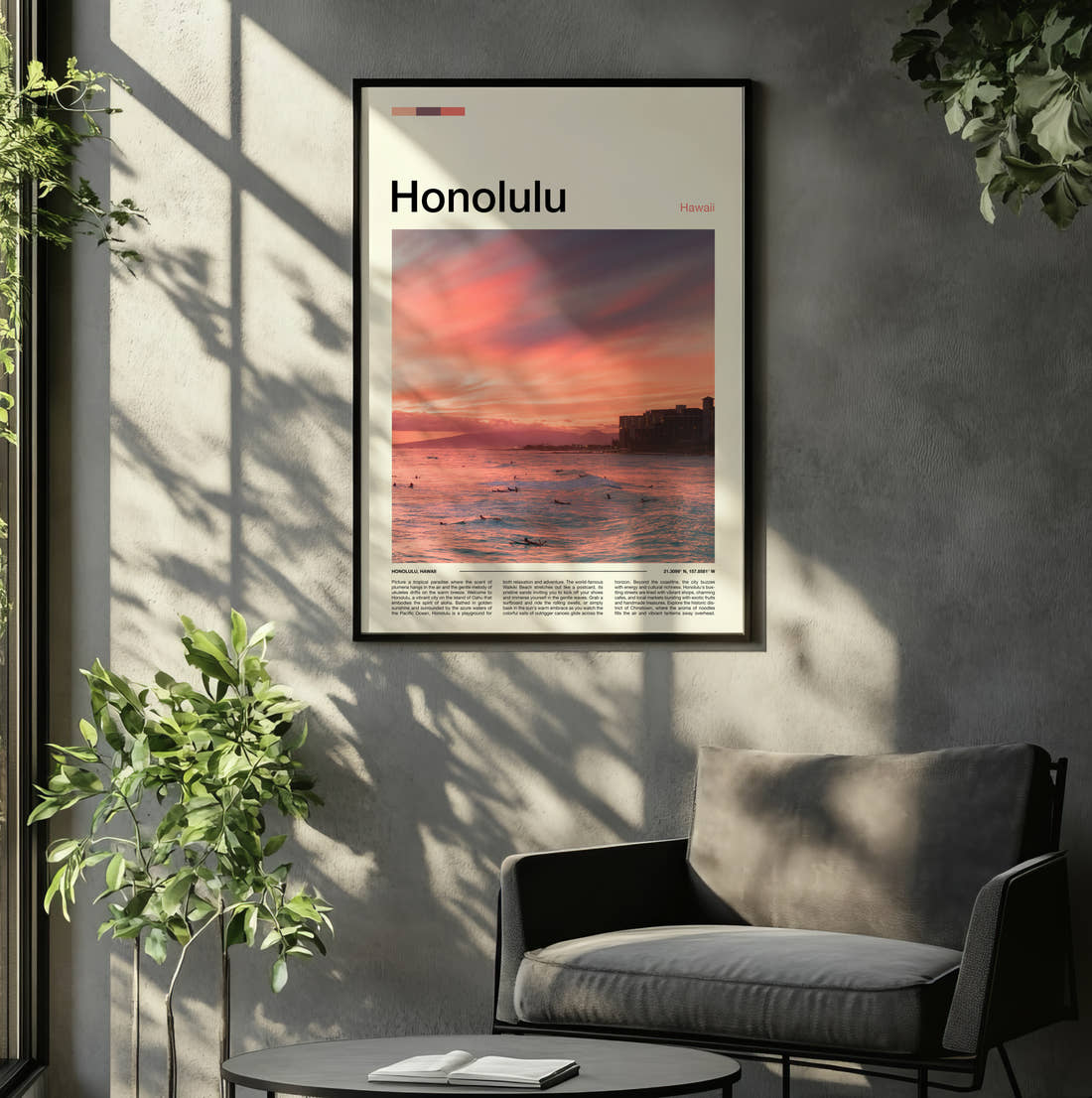 Honolulu Sunset Over The Ocean Travel Print framed on the wall of a relaxed living room