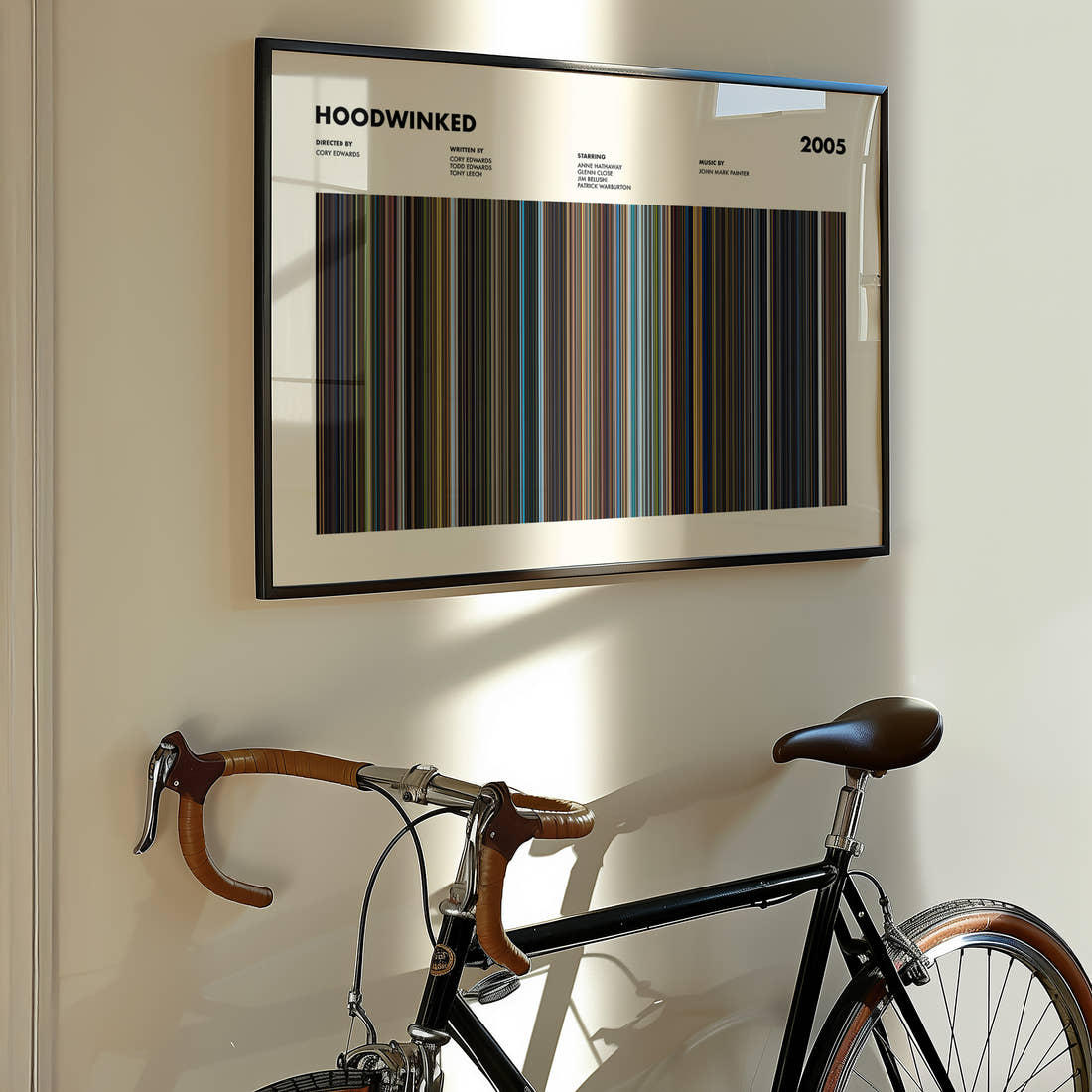 Hoodwinked Movie Barcode Poster framed on the wall of a styled room setting