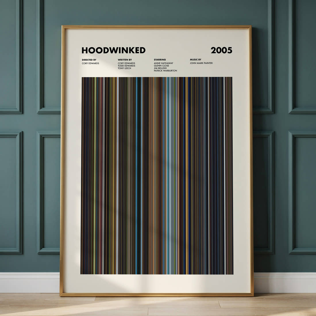 Hoodwinked Movie Barcode Poster framed and leaning against a panelled wall