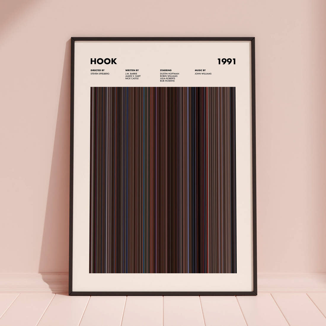 Hook Movie Barcode Poster framed and leaning against a coloured wall