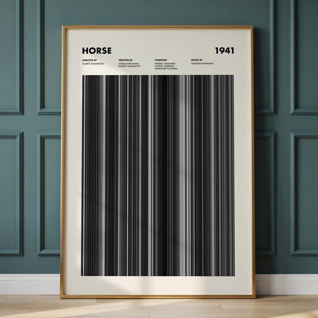 Horse Movie Barcode Poster framed and leaning against a panelled wall