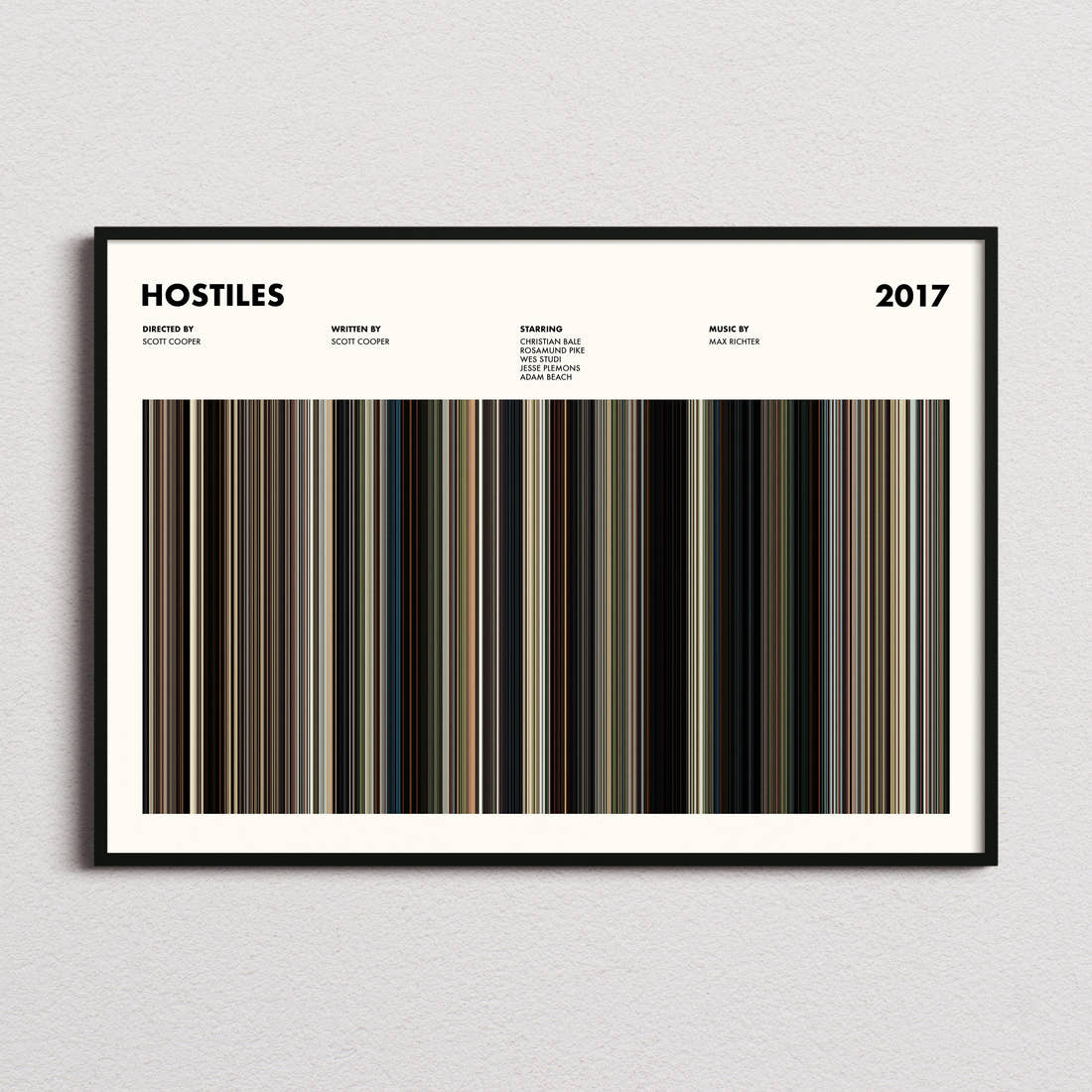 Hostiles Movie Barcode Poster framed and photographed straight on