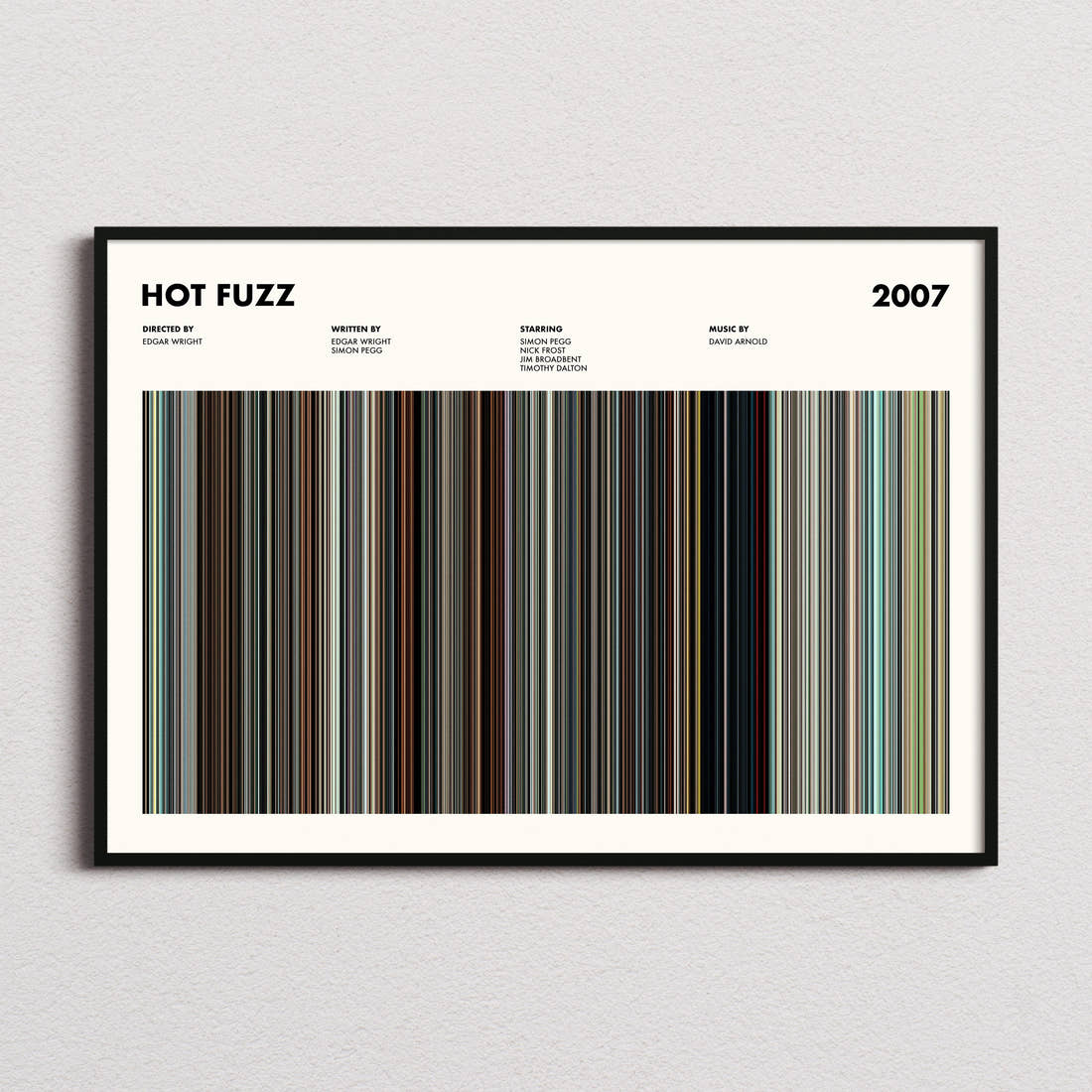 Hot Fuzz Movie Barcode Poster framed and photographed straight on