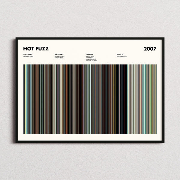 Hot Fuzz Movie Barcode Poster framed and photographed straight on