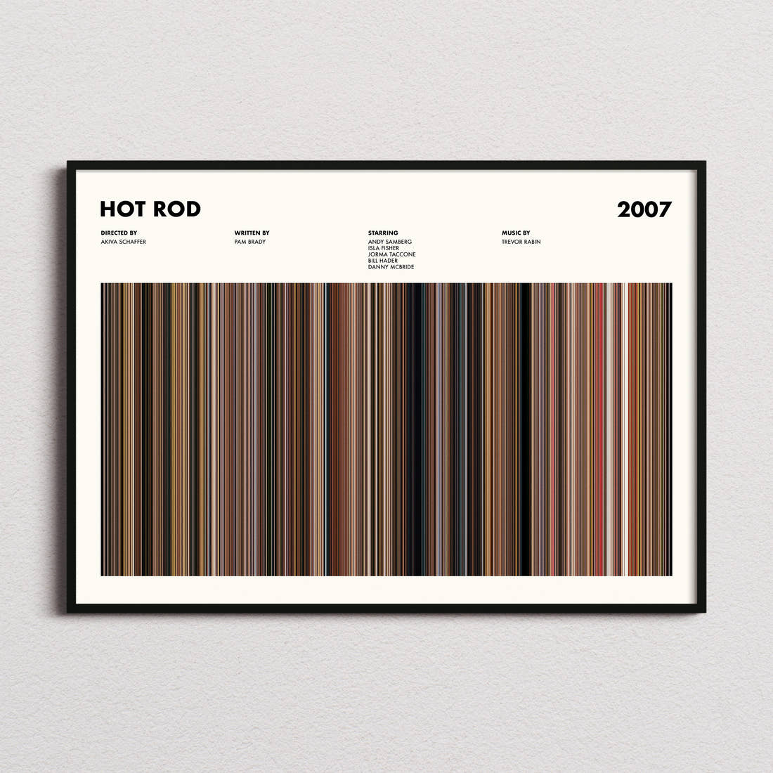 Hot Rod Movie Barcode Poster framed and photographed straight on