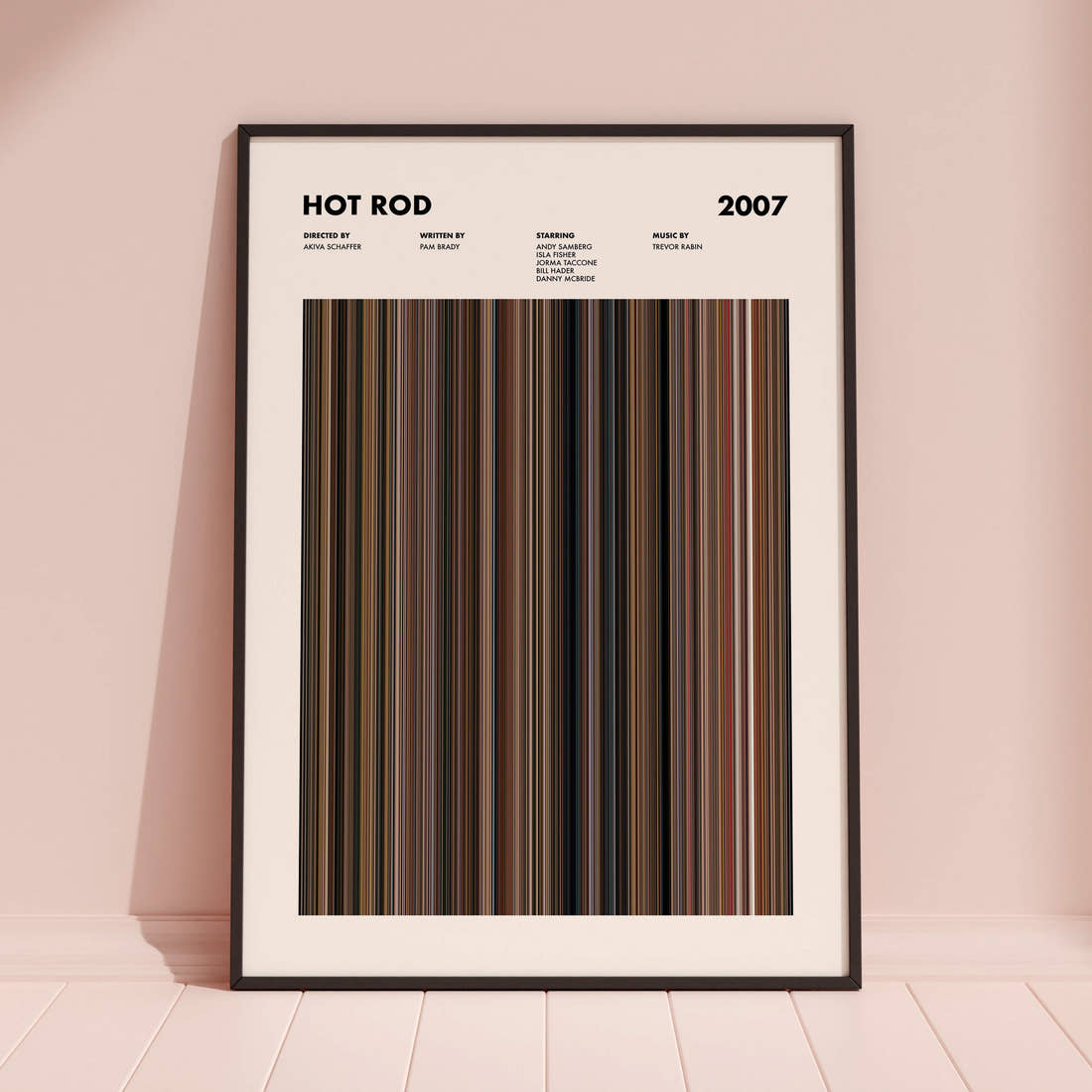 Hot Rod Movie Barcode Poster framed and leaning against a coloured wall