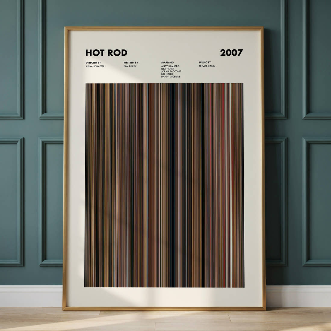 Hot Rod Movie Barcode Poster framed and leaning against a panelled wall