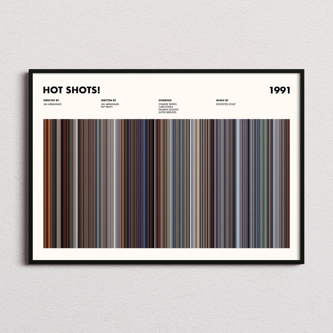 Hot Shots Movie Barcode Poster framed and photographed straight on