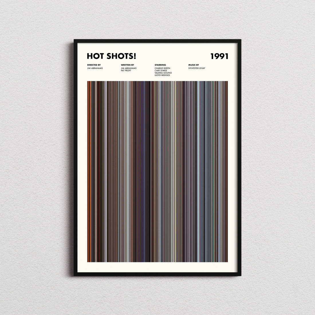 Hot Shots Movie Barcode Poster framed on a plain studio wall