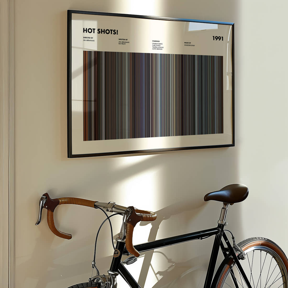 Hot Shots Movie Barcode Poster framed on the wall of a styled room setting