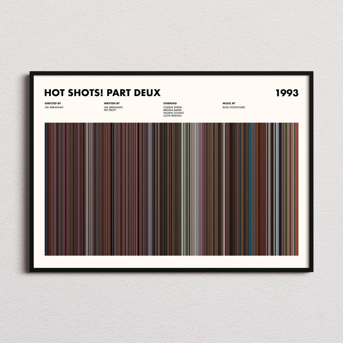 Hot Shots Part Deux Movie Barcode Poster framed and photographed straight on
