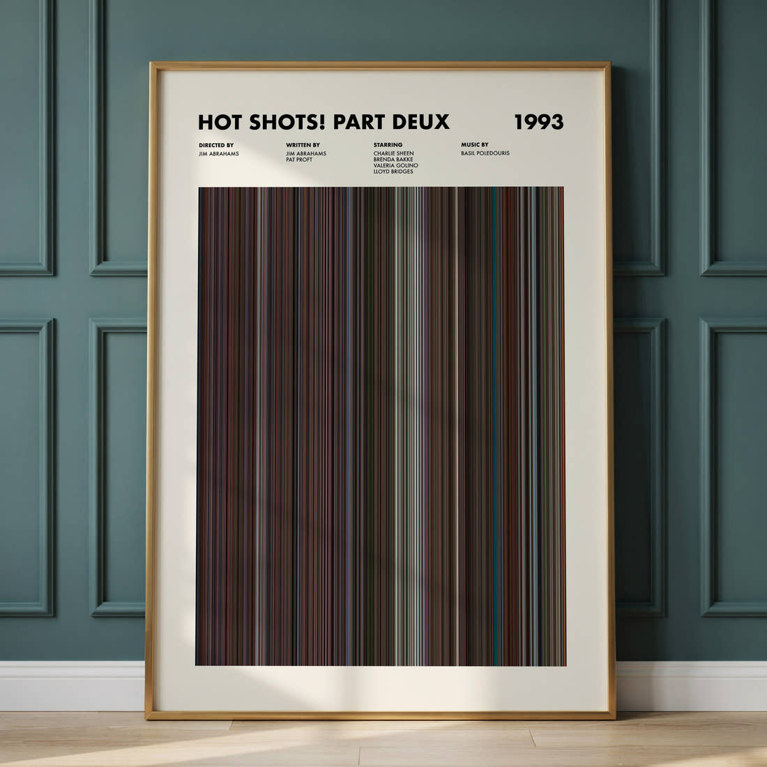 Hot Shots Part Deux Movie Barcode Poster framed and leaning against a panelled wall