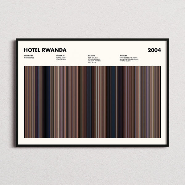 Hotel Rwanda Movie Barcode Poster framed and photographed straight on