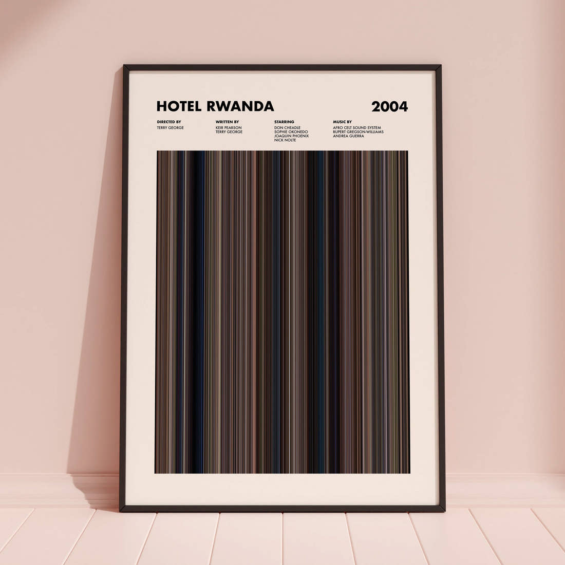Hotel Rwanda Movie Barcode Poster framed and leaning against a coloured wall