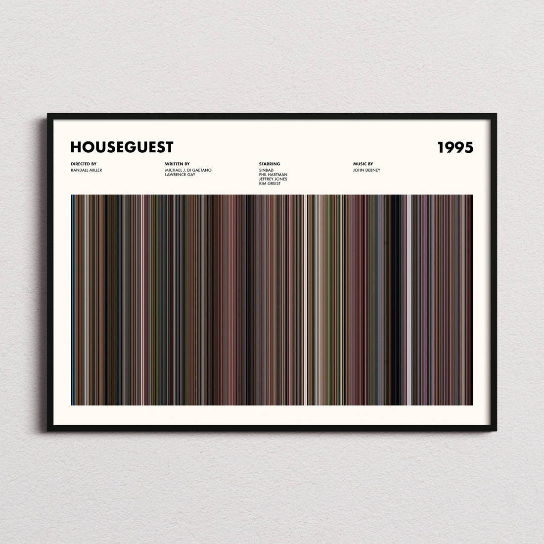 Houseguest Movie Barcode Poster framed and photographed straight on