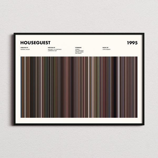 Houseguest Movie Barcode Poster framed and photographed straight on