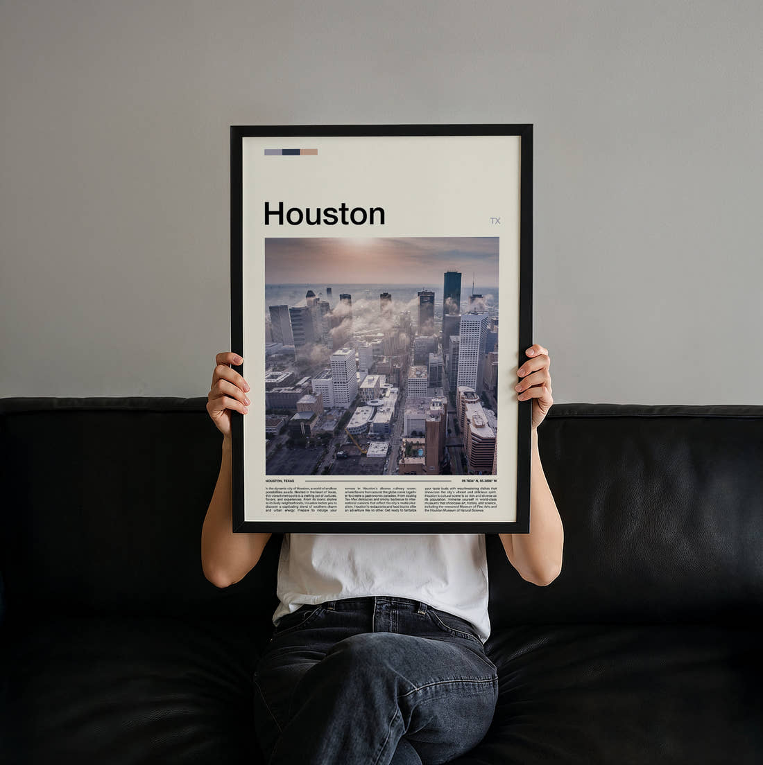 Houston Misty Skyline Travel Print held up by hand to show the size of the print