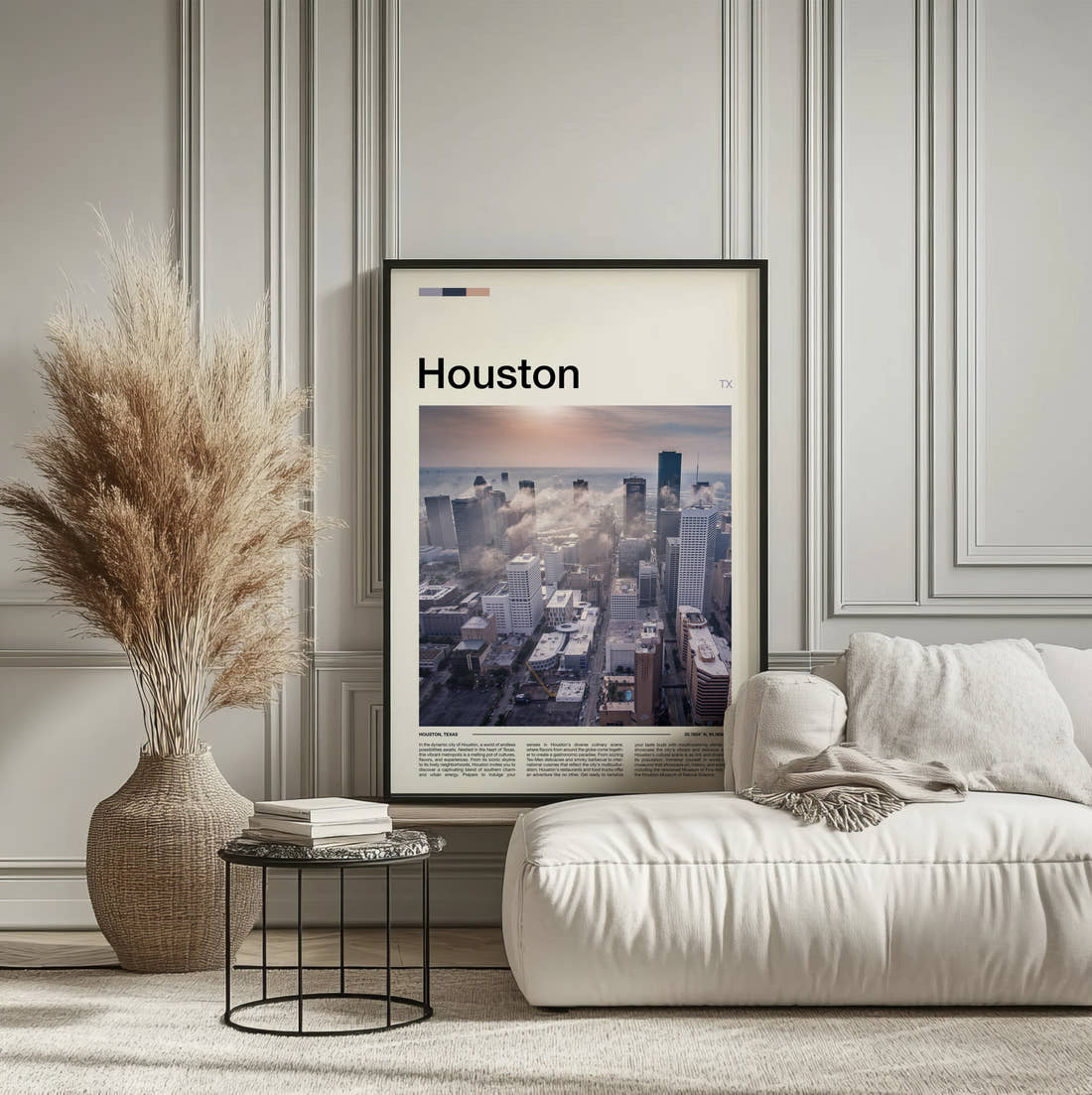 Houston Misty Skyline Travel Print framed on the wall of a calm, neutral bedroom