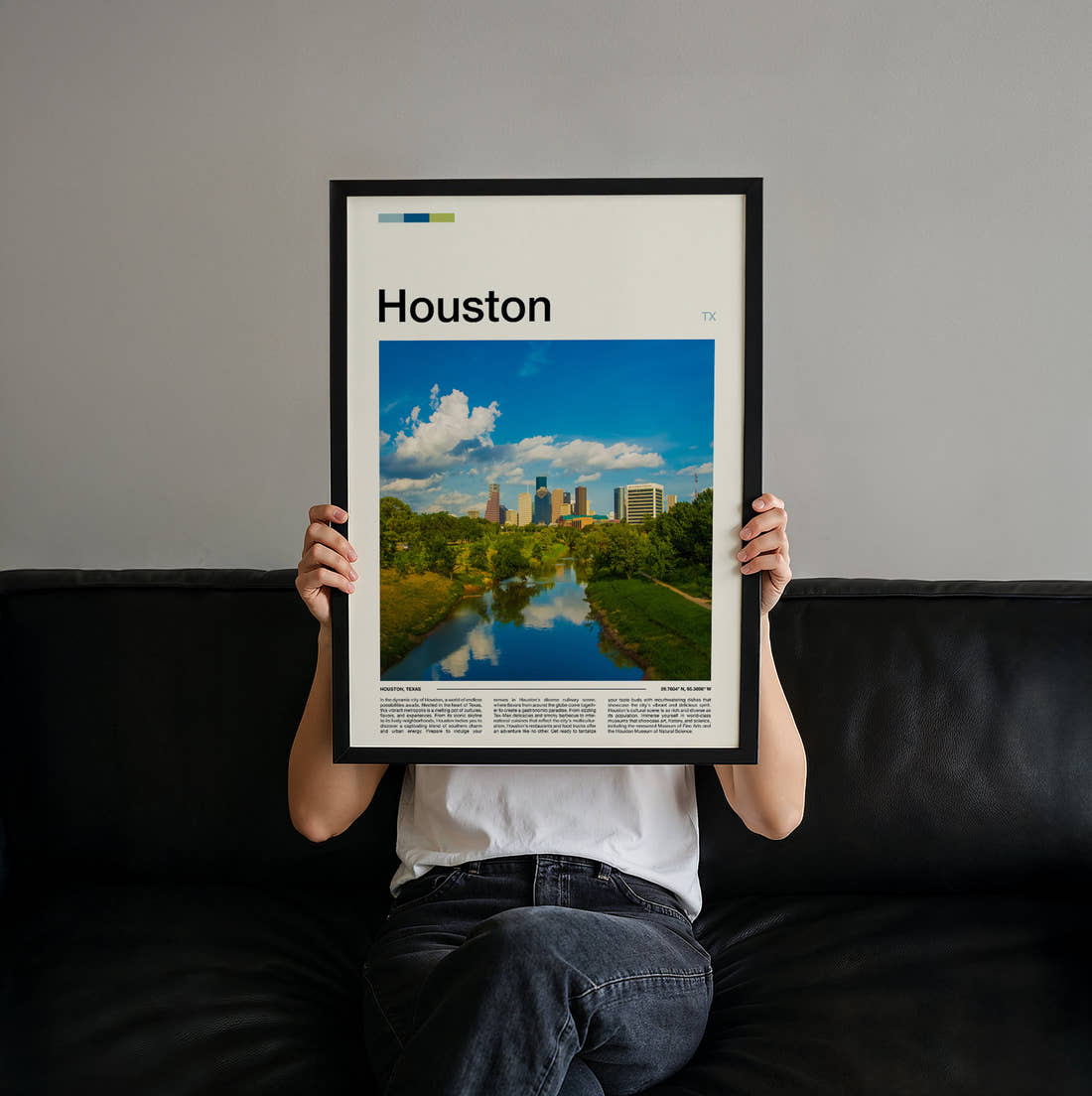 Houston Buffalo Bayou Travel Print held up by hand to show the size of the print