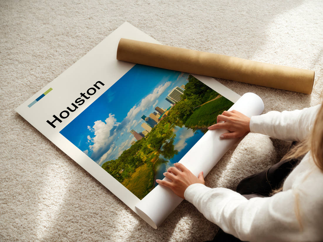 Houston Buffalo Bayou Travel Print being unrolled from its postal tube