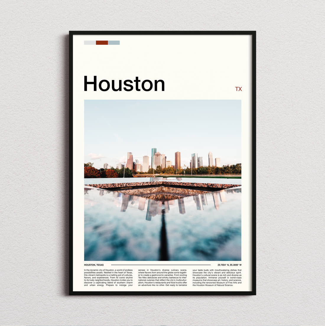 Houston Skyline Reflection Travel Print framed and photographed straight on