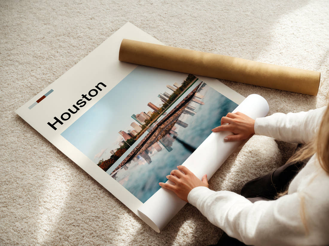 Houston Skyline Reflection Travel Print being unrolled from its postal tube
