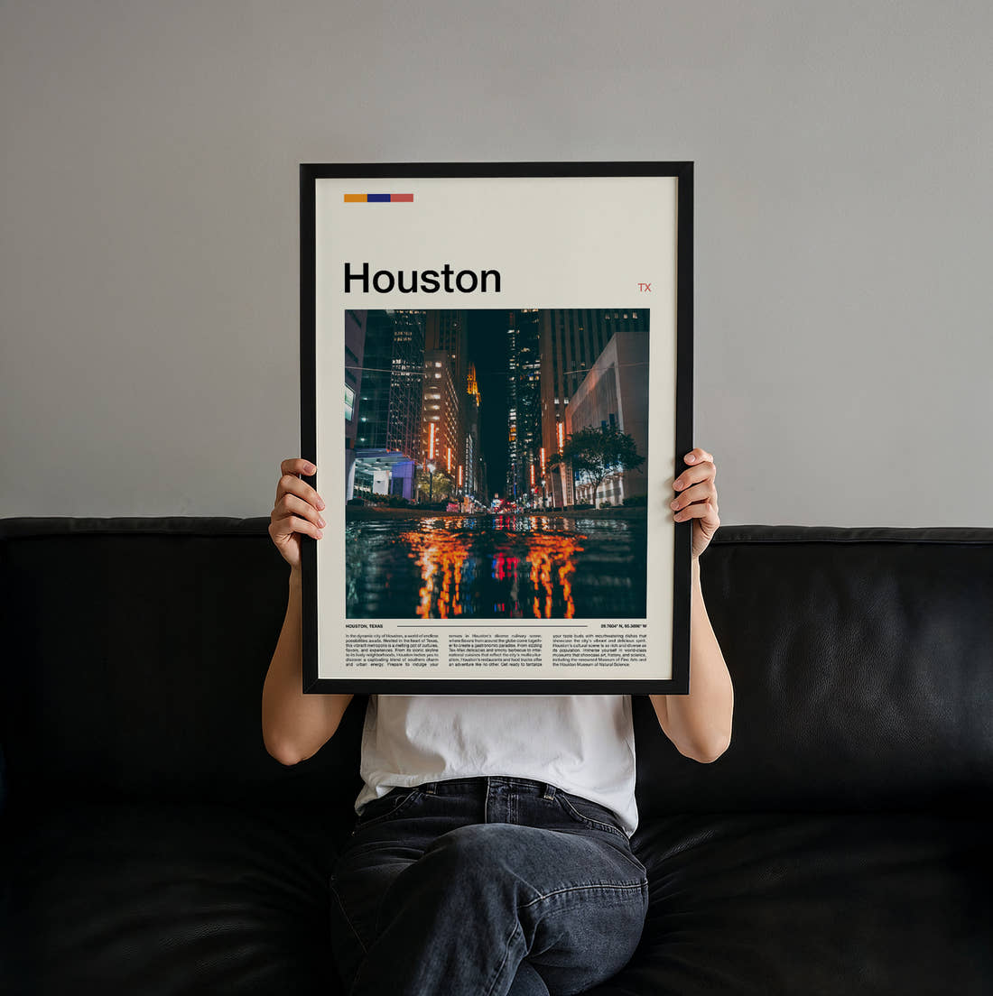 Houston Wet Street At Night Travel Print held up by hand to show the size of the print
