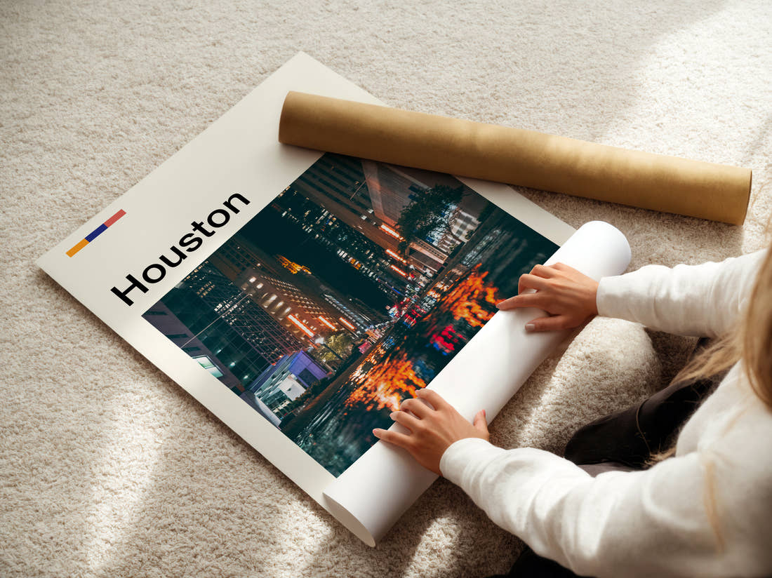 Houston Wet Street At Night Travel Print being unrolled from its postal tube